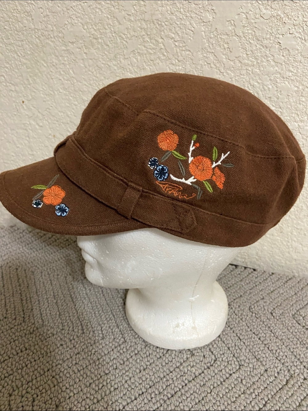 Women’s Brown Floral Embroidered Cadet Cap